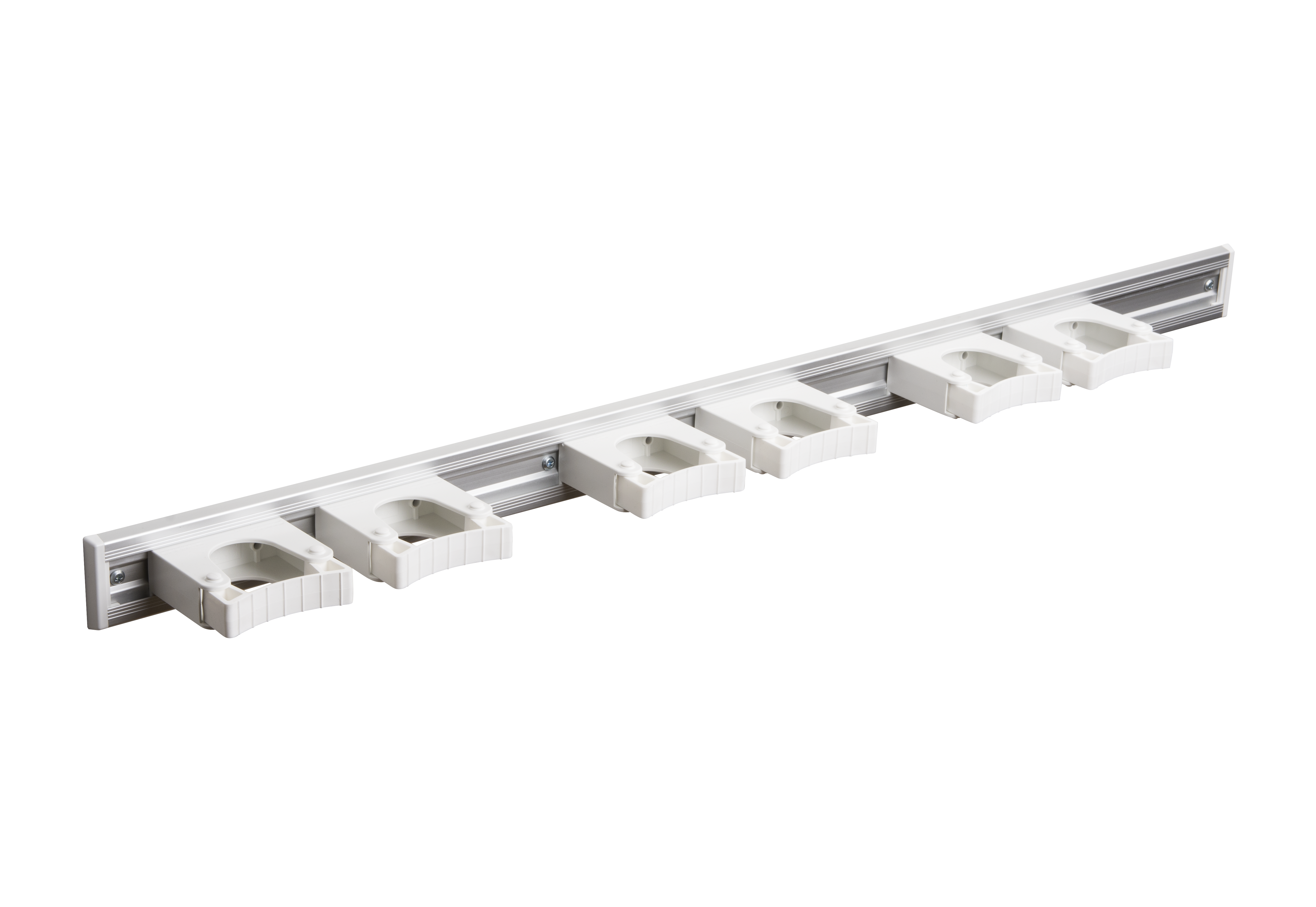 Toolflex Alu-Schiene 90 cm mit weißen Endstücken, bestückt mit 6 weißen Halterungen 25-35 mm