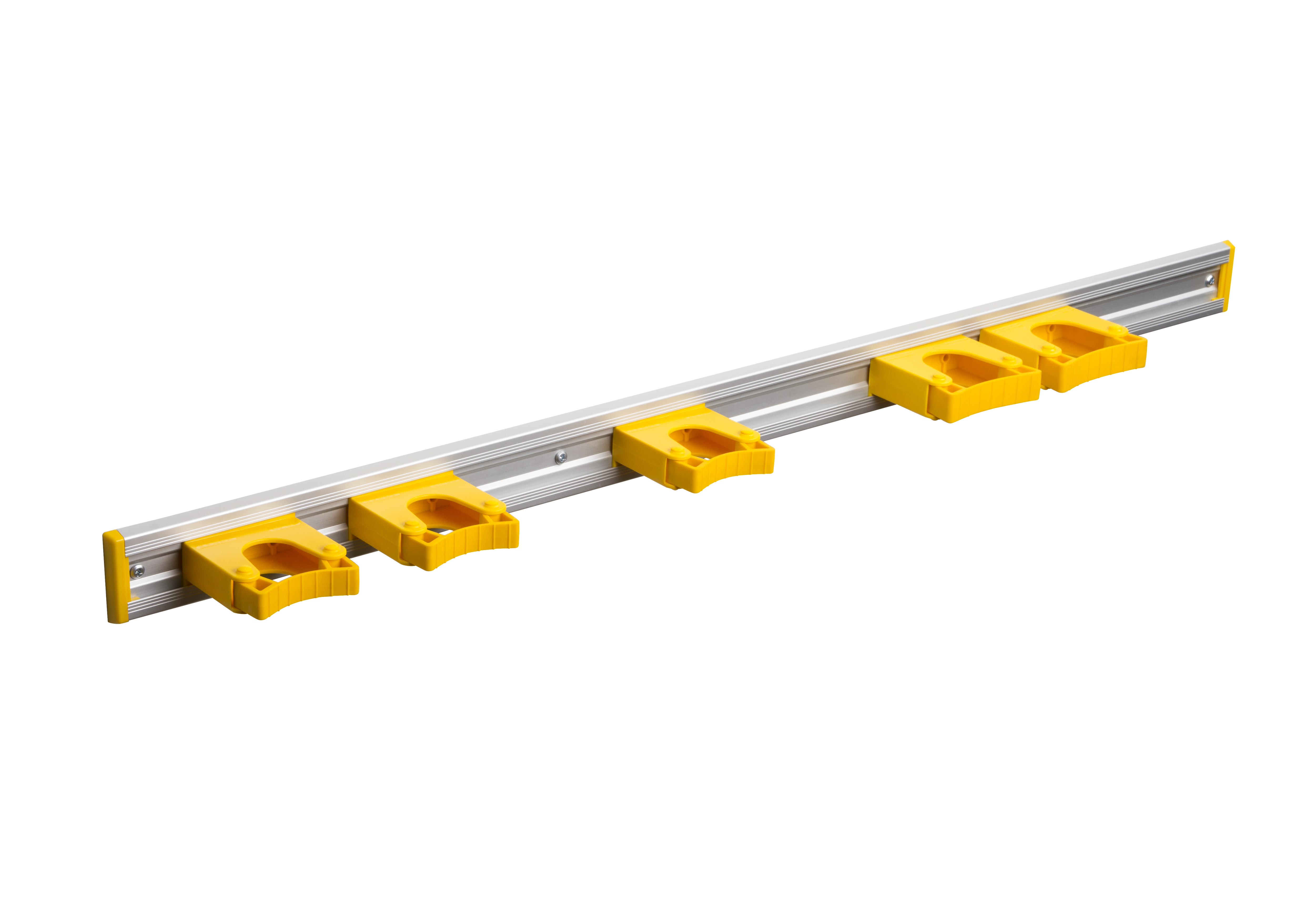 Toolflex Alu-Schiene 90 cm mit gelben Endstücken, bestückt mit 3 Halter 20-30mm und 2 Haltern 30-40 mm in gelb