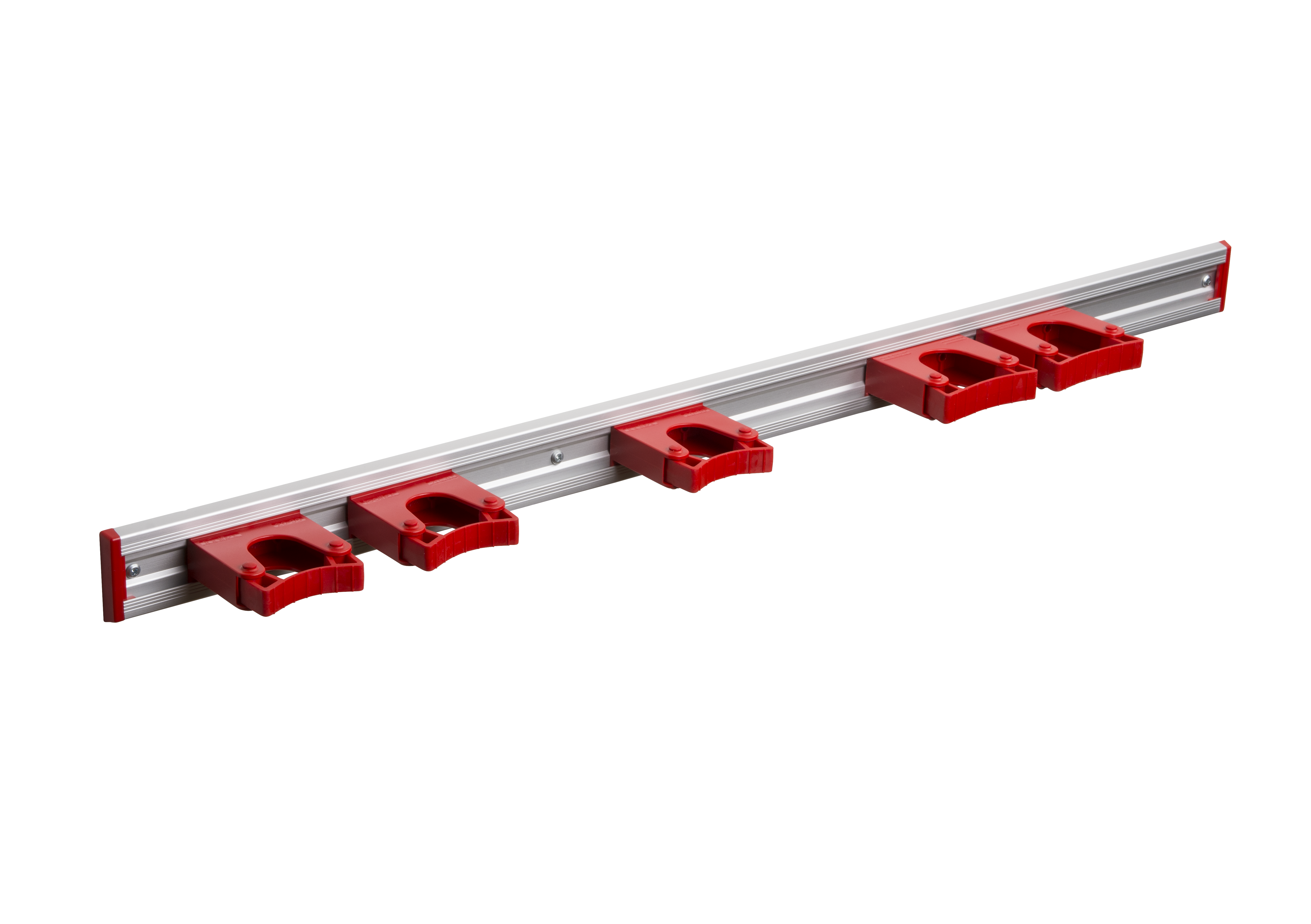 Toolflex Alu-Schiene 90 cm mit roten Endstücken, bestückt mit 3 Halter 20-30mm und 2 Haltern 30-40 mm in rot