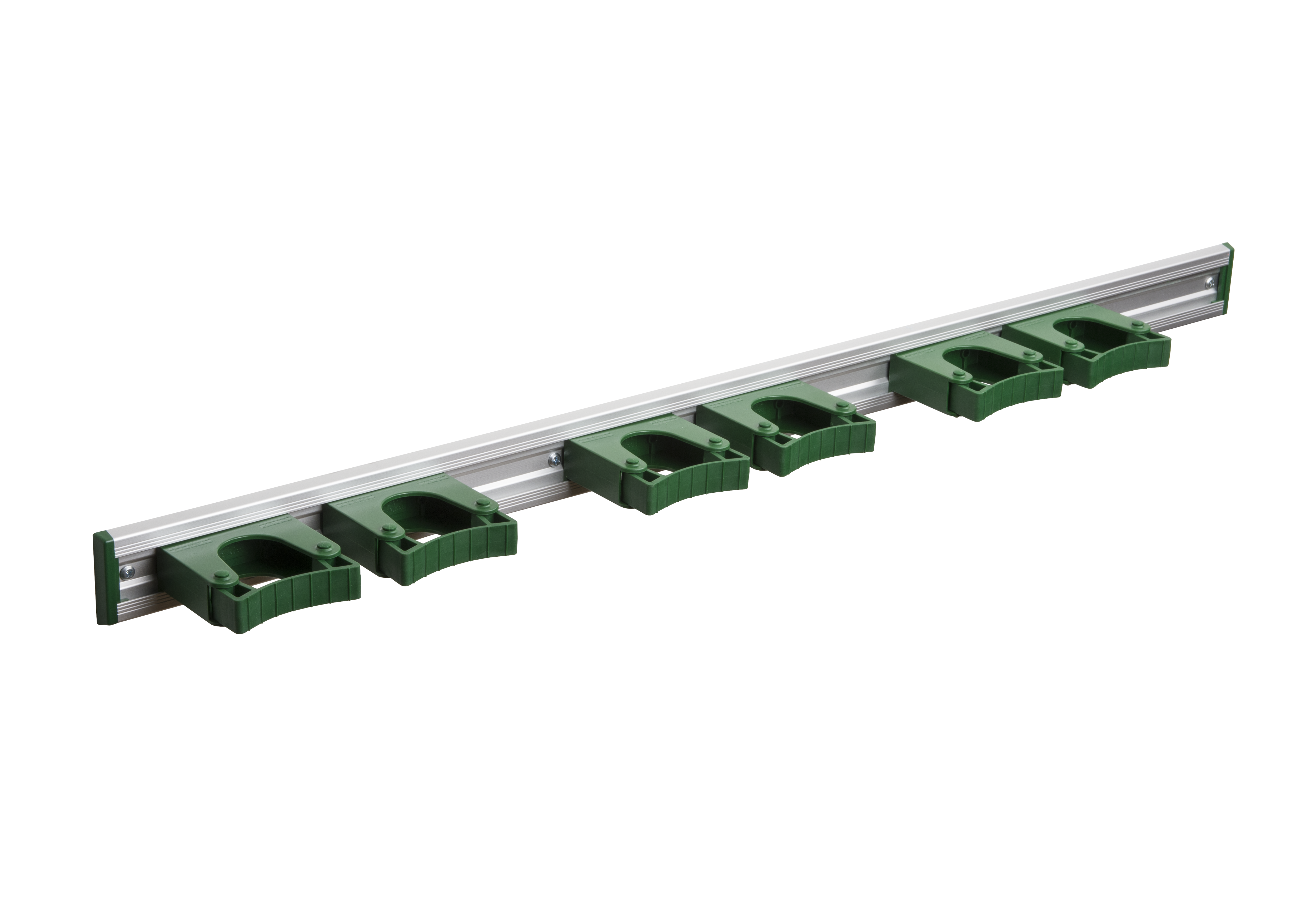 Toolflex Alu-Schiene 90 cm mit grünen Endstücken, bestückt mit 6 grünen Halterungen 25-35 mm