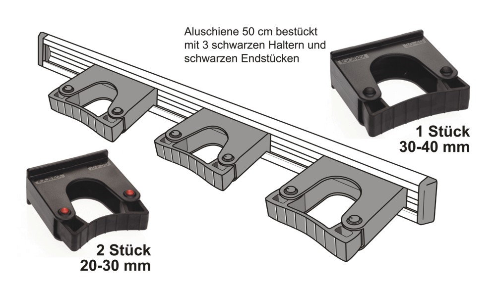 Toolflex Alu-Schiene 50 cm mit schwarzen Endstücken, bestückt mit 3 schwarzen Halterungen (2 x 20-30 mm, 1 x 30-40 mm)