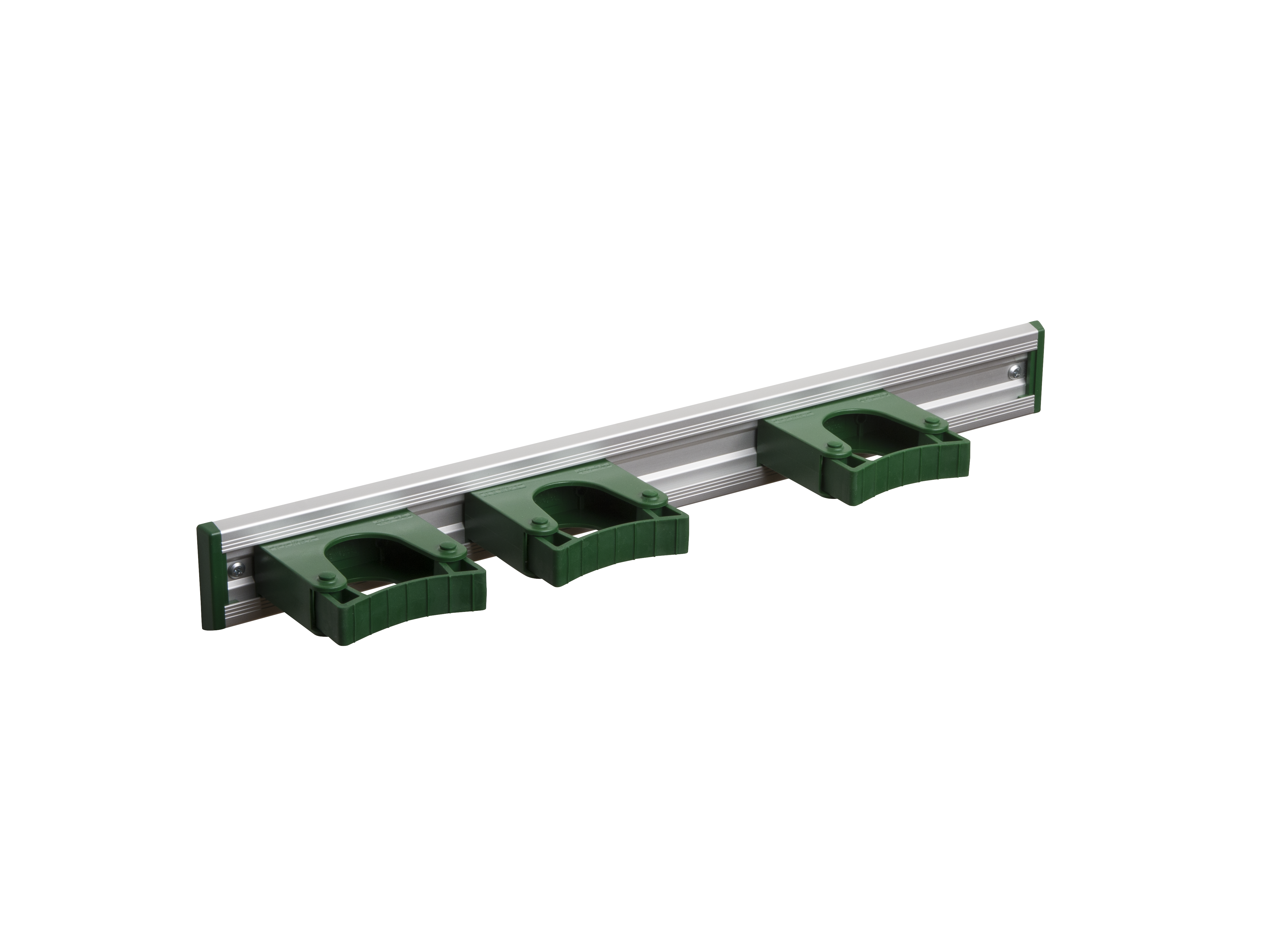 Toolflex Alu-Schiene 50 cm mit grünen Endstücken, bestückt mit 3 grünen Halterungen 25-35 mm