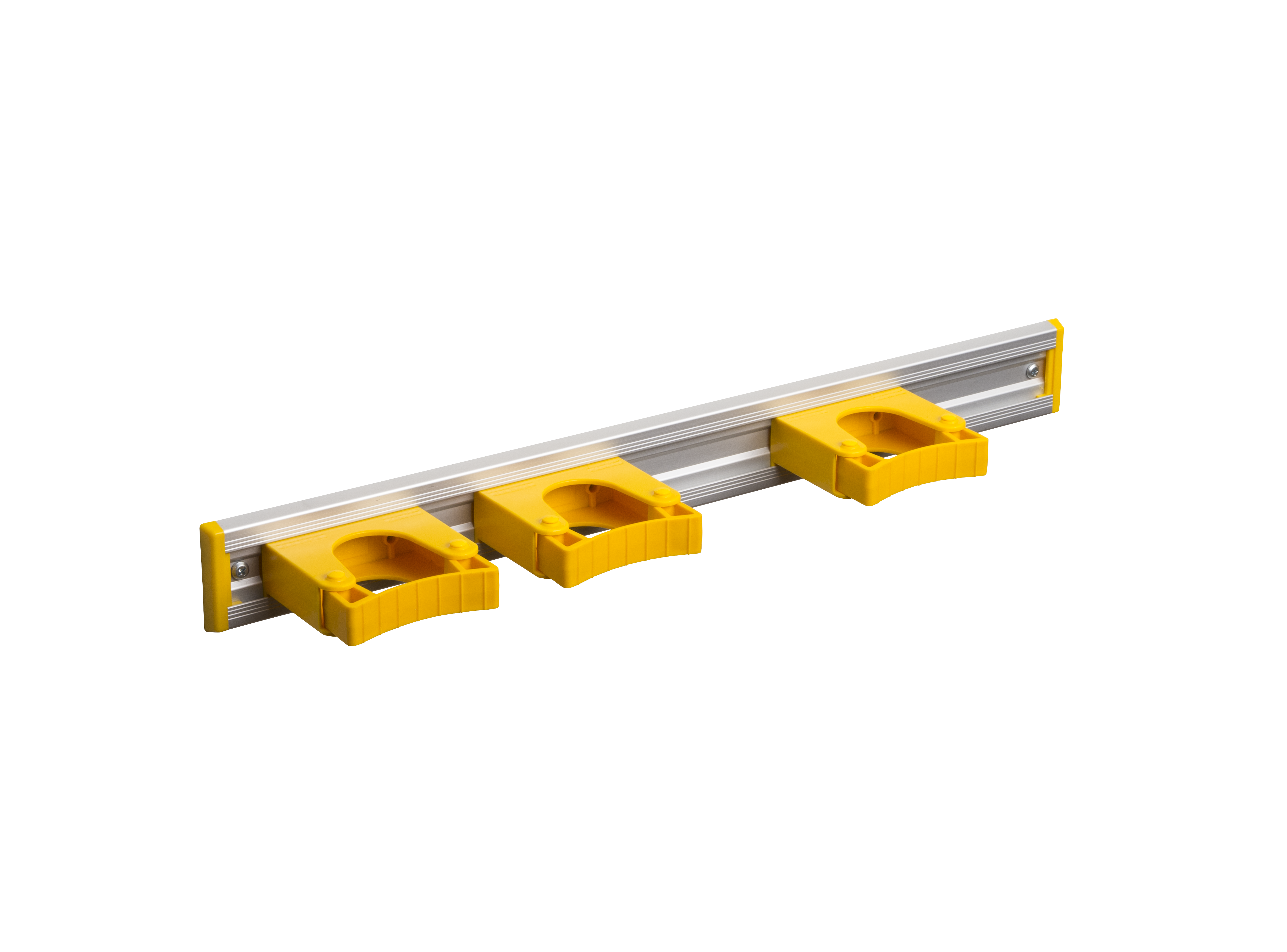 Toolflex Alu-Schiene 50 cm mit gelben Endstücken, bestückt mit 3 gelben Halterungen 25-35 mm