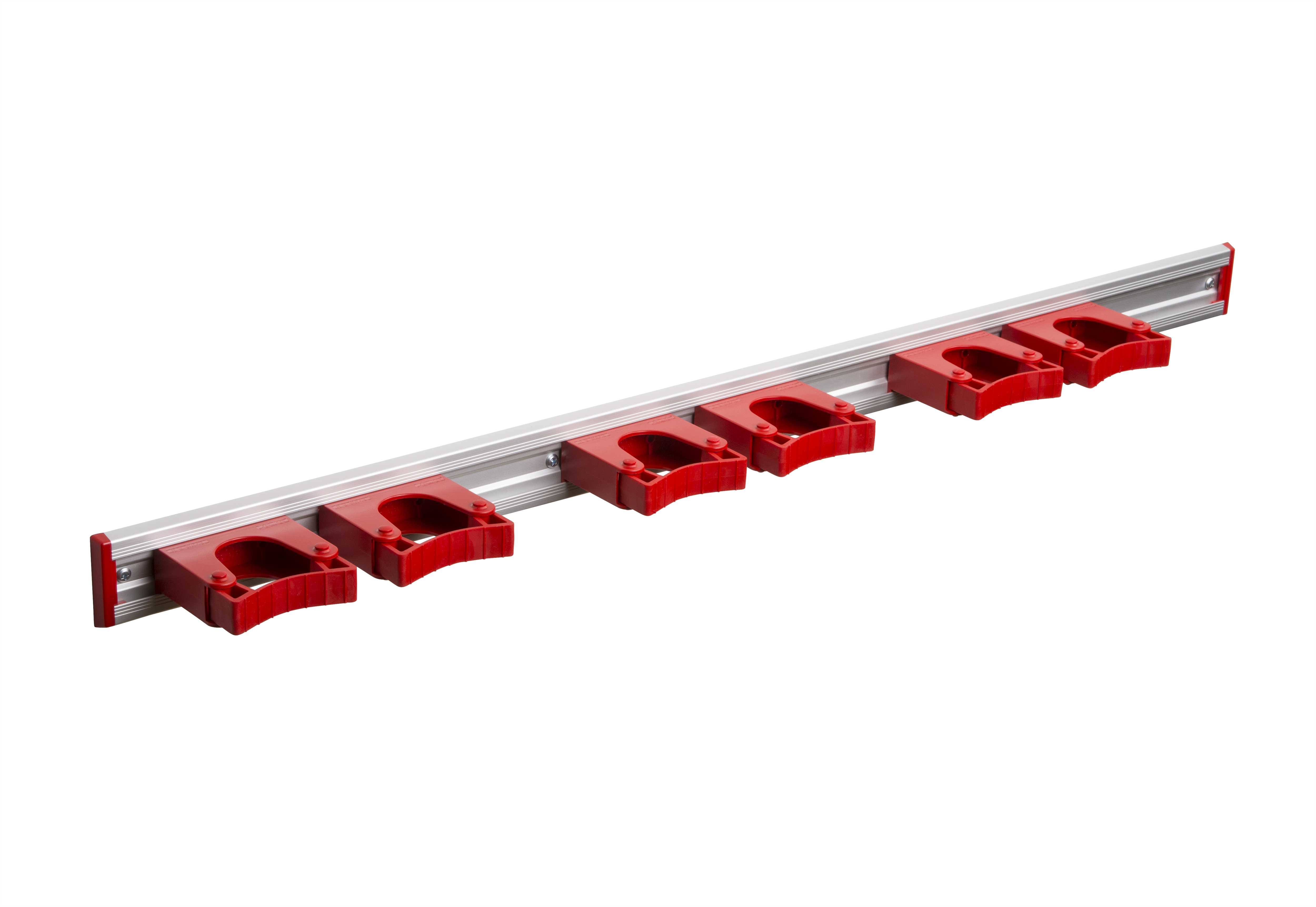 Toolflex Alu-Schiene 90 cm mit roten Endstücken, bestückt mit 6 roten Halterungen 25-35 mm