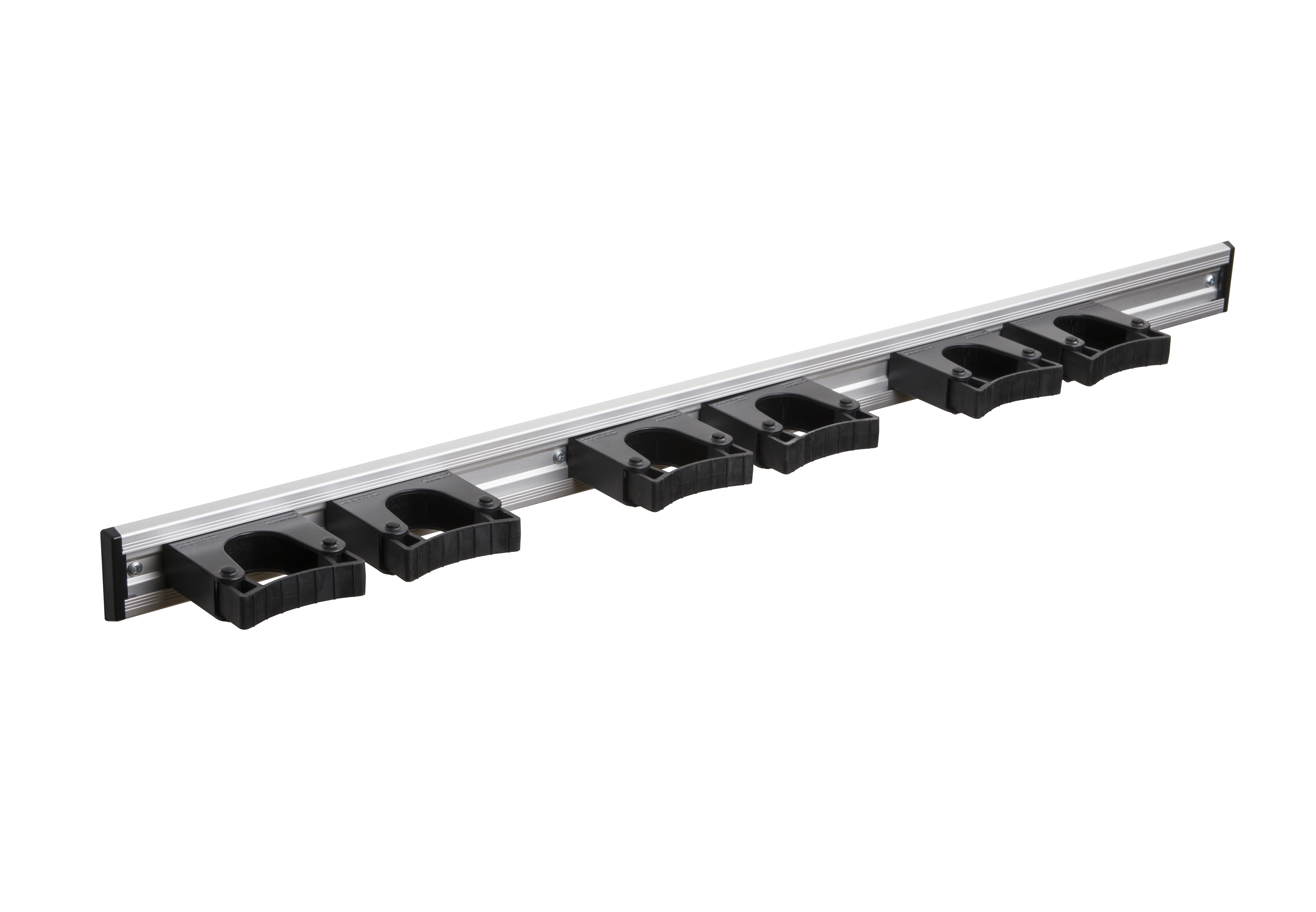 Toolflex Alu-Schiene 90 cm mit schwarzen Endstücken, bestückt mit 6 schwarzen Halterungen 25-35 mm
