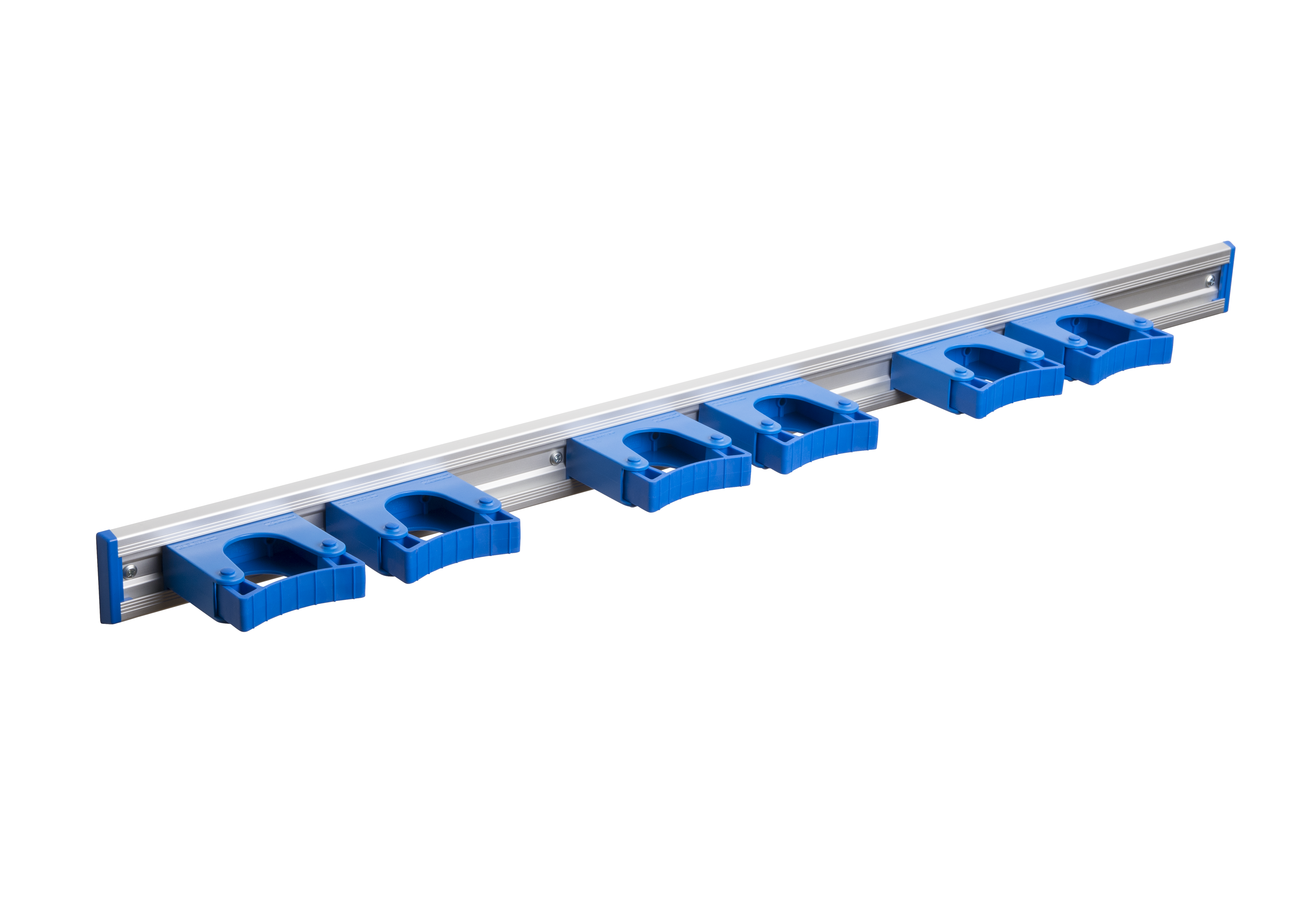 Toolflex Alu-Schiene 90 cm mit blauen Endstücken, bestückt mit 6 blauen Halterungen 25-35 mm