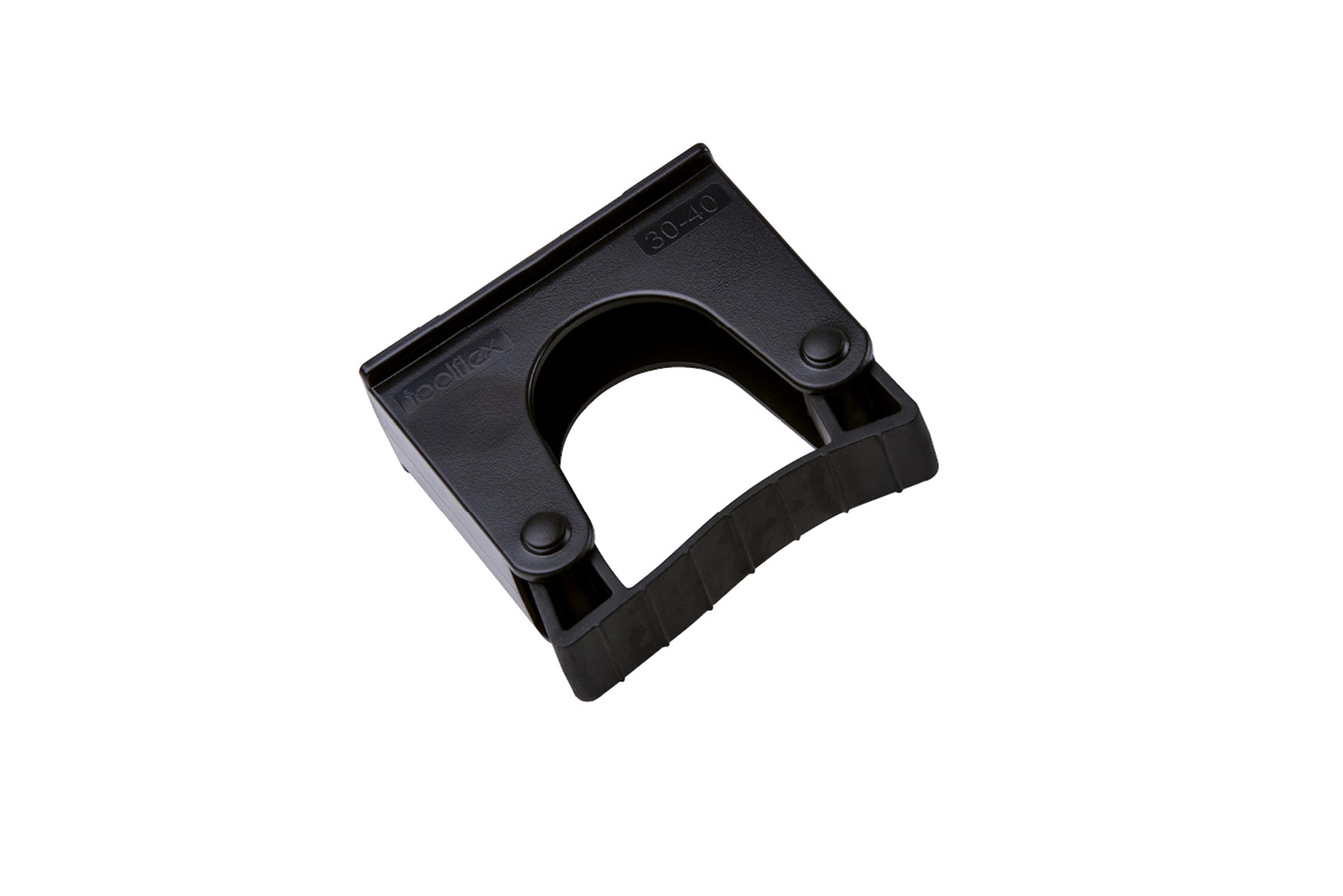 Toolflex Halterung 30-40 mm für Alu-Schiene in schwarz mit schwarzen Pins