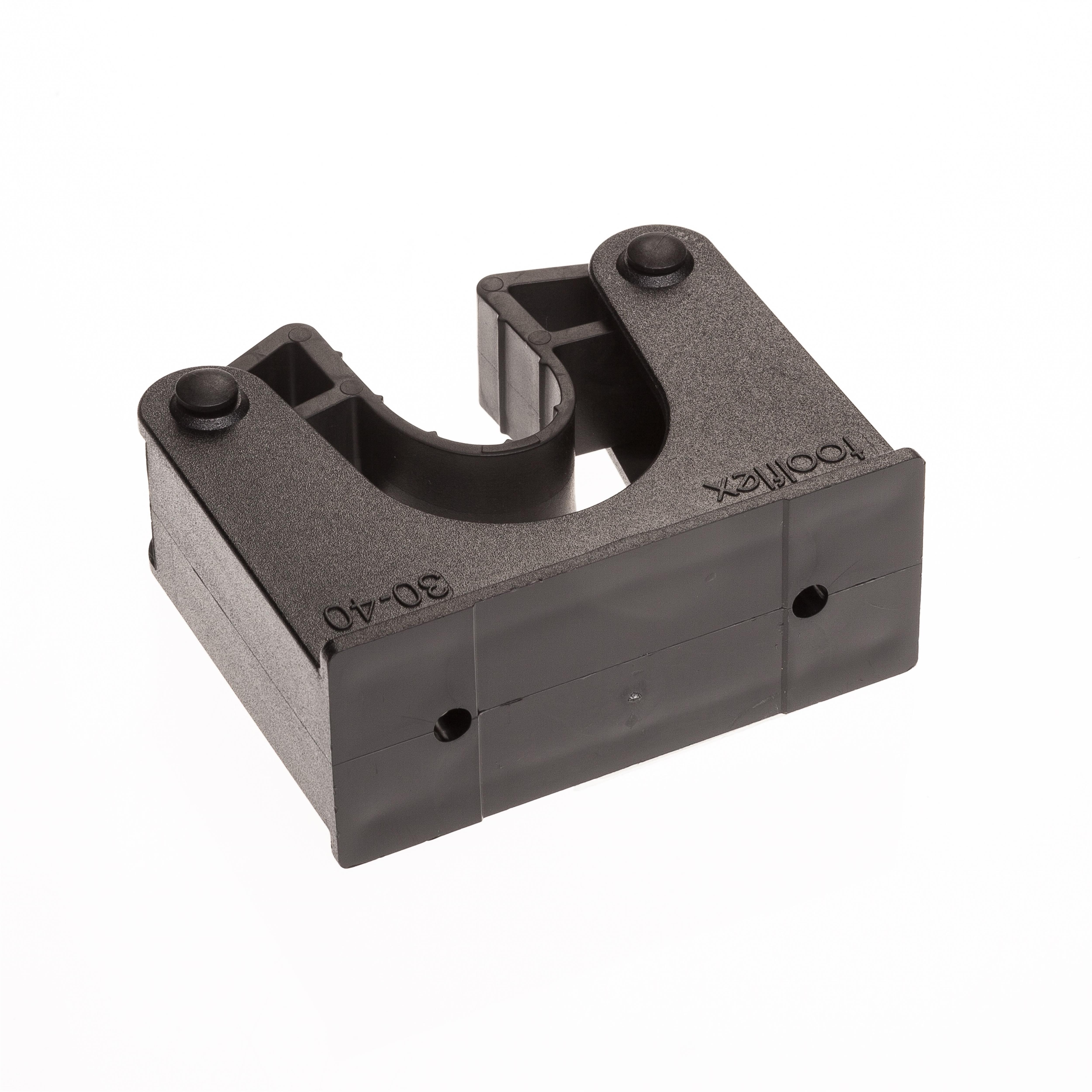 Toolflex Halterung 30-40 mm für Alu-Schiene in schwarz mit schwarzen Pins