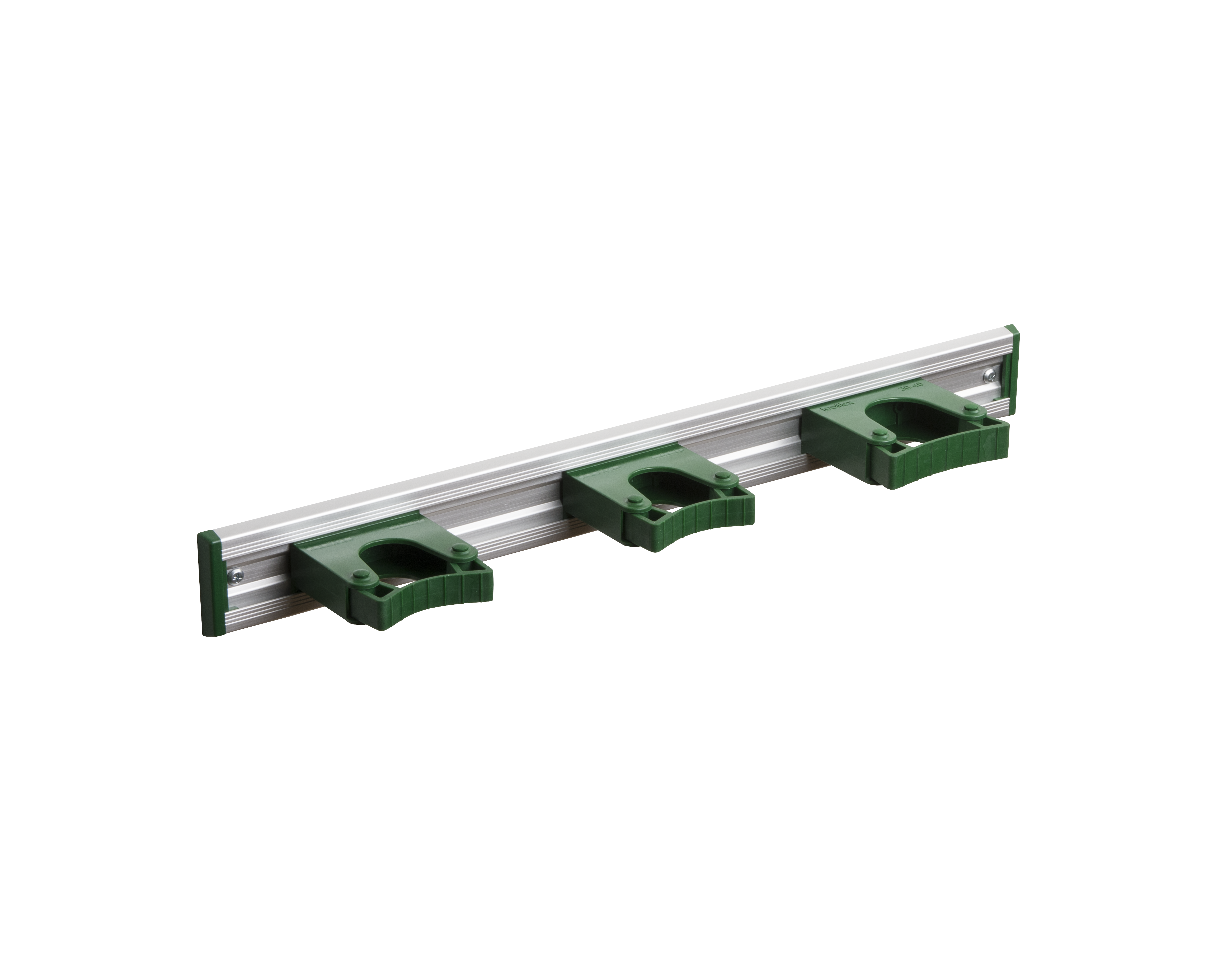 Toolflex Alu-Schiene 50 cm mit grünen Endstücken, bestückt mit 3 grünen Haltern (2 x 20-30 mm, 1 x 30-40 mm)