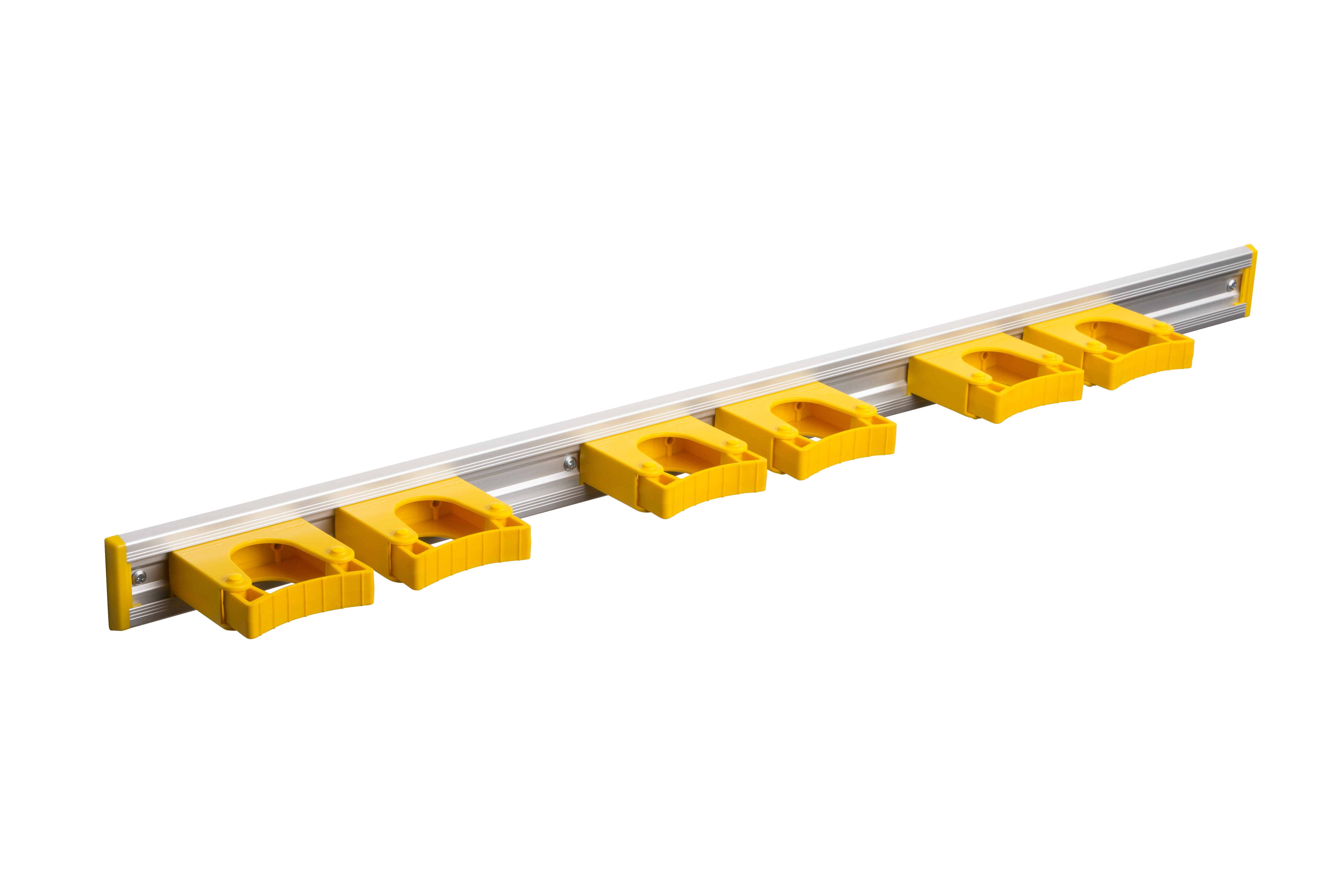 Toolflex Alu-Schiene 90 cm mit gelben Endstücken, bestückt mit 6 gelben Halterungen 25-35 mm