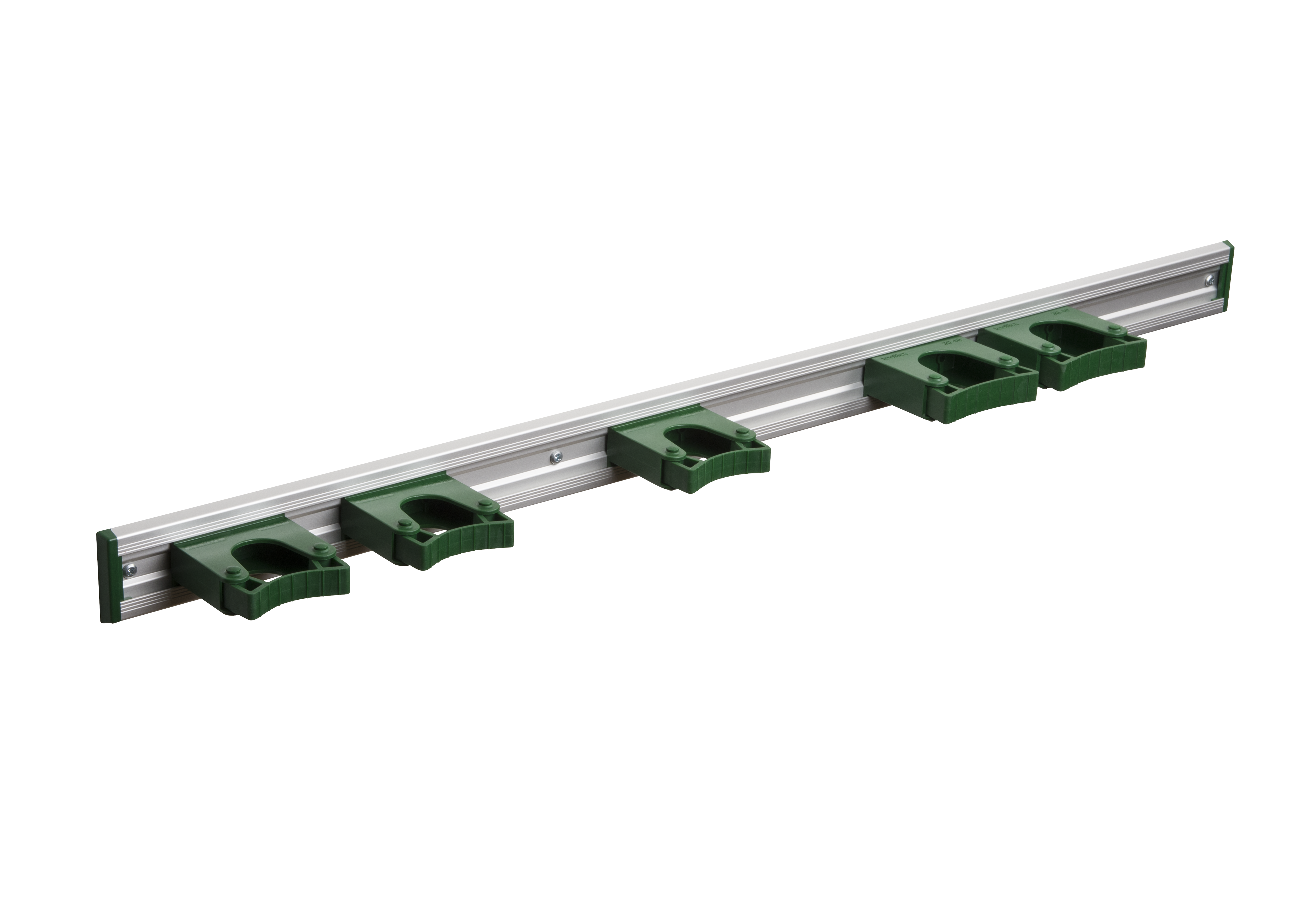 Toolflex Alu-Schiene 90 cm mit grünen Endstücken, bestückt mit 3 Halter 20-30mm und 2 Haltern 30-40 mm in grün