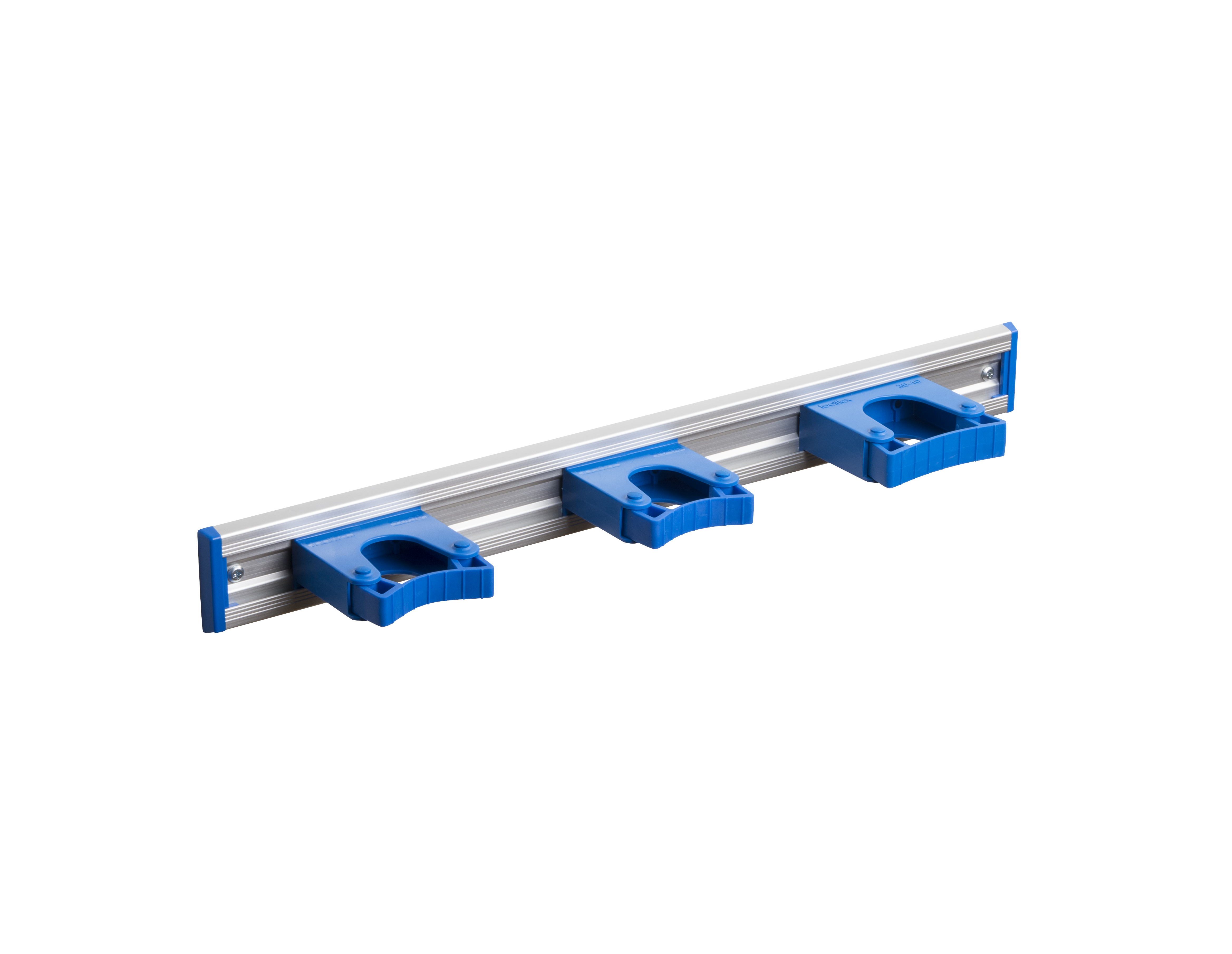 Toolflex Alu-Schiene 50 cm mit blauen Endstücken, bestückt mit 3 blauen Haltern (2 x 20-30 mm, 1 x 30-40 mm)