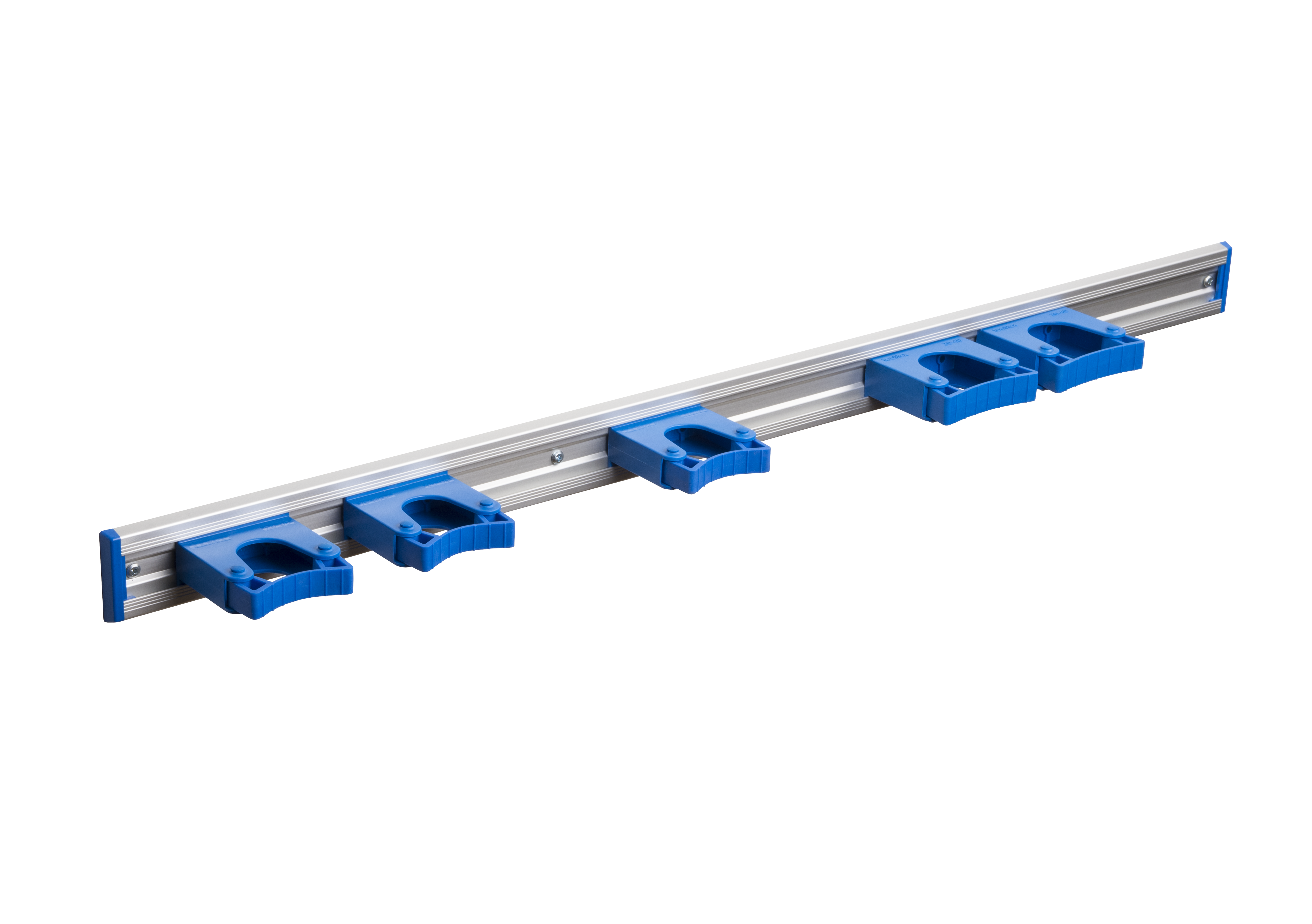 Toolflex Alu-Schiene 90 cm mit blauen Endstücken, bestückt mit 3 Halter 20-30mm und 2 Haltern 30-40 mm in blau