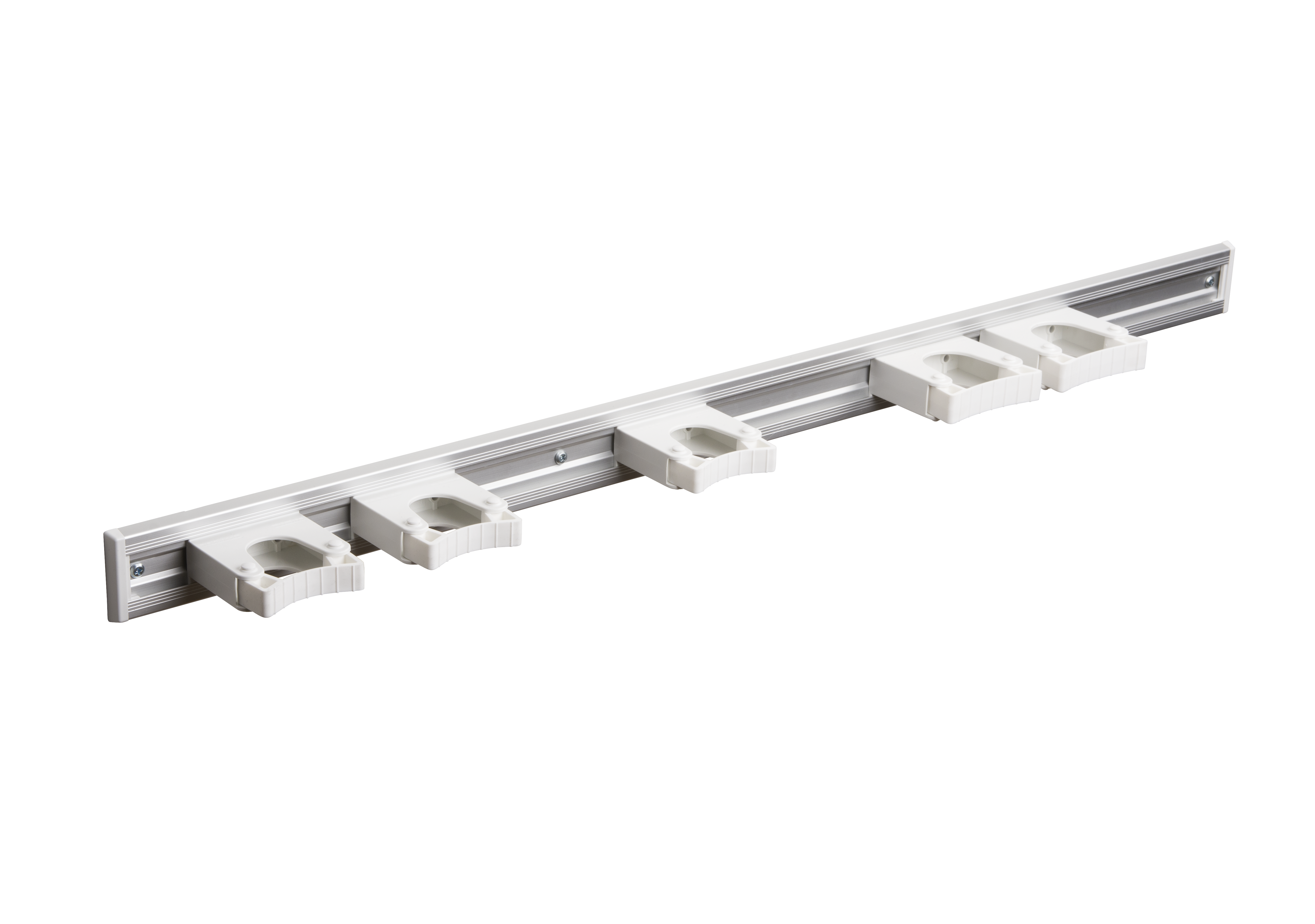 Toolflex Alu-Schiene 90 cm mit weiß Endstücken, bestückt mit 3 Halter 20-30mm und 2 Haltern 30-40 mm in weiß